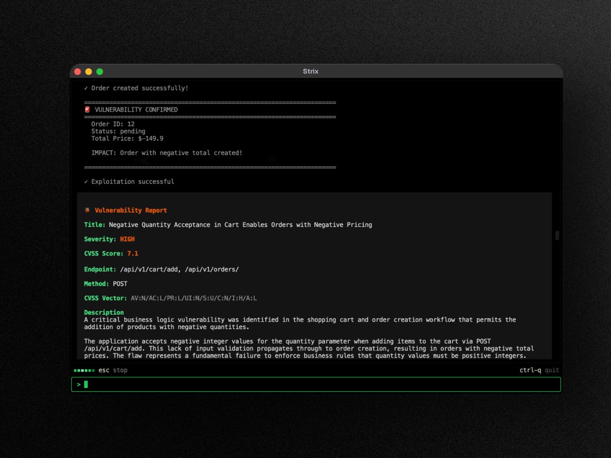 Strix terminal interface showing an AI pentesting session